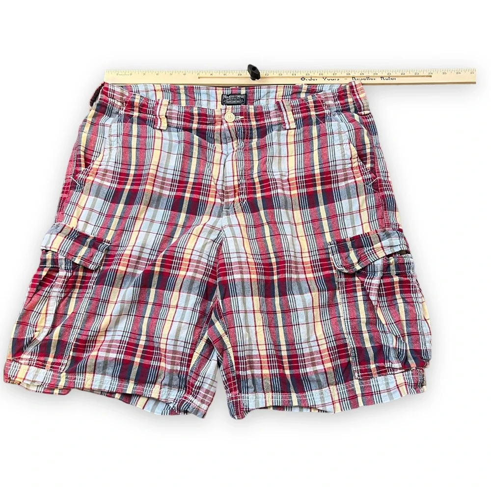 VTG Ralph Lauren Polo Jeans Madras Cargo Shorts Mens 38 Plaid Red Preppy Coastal